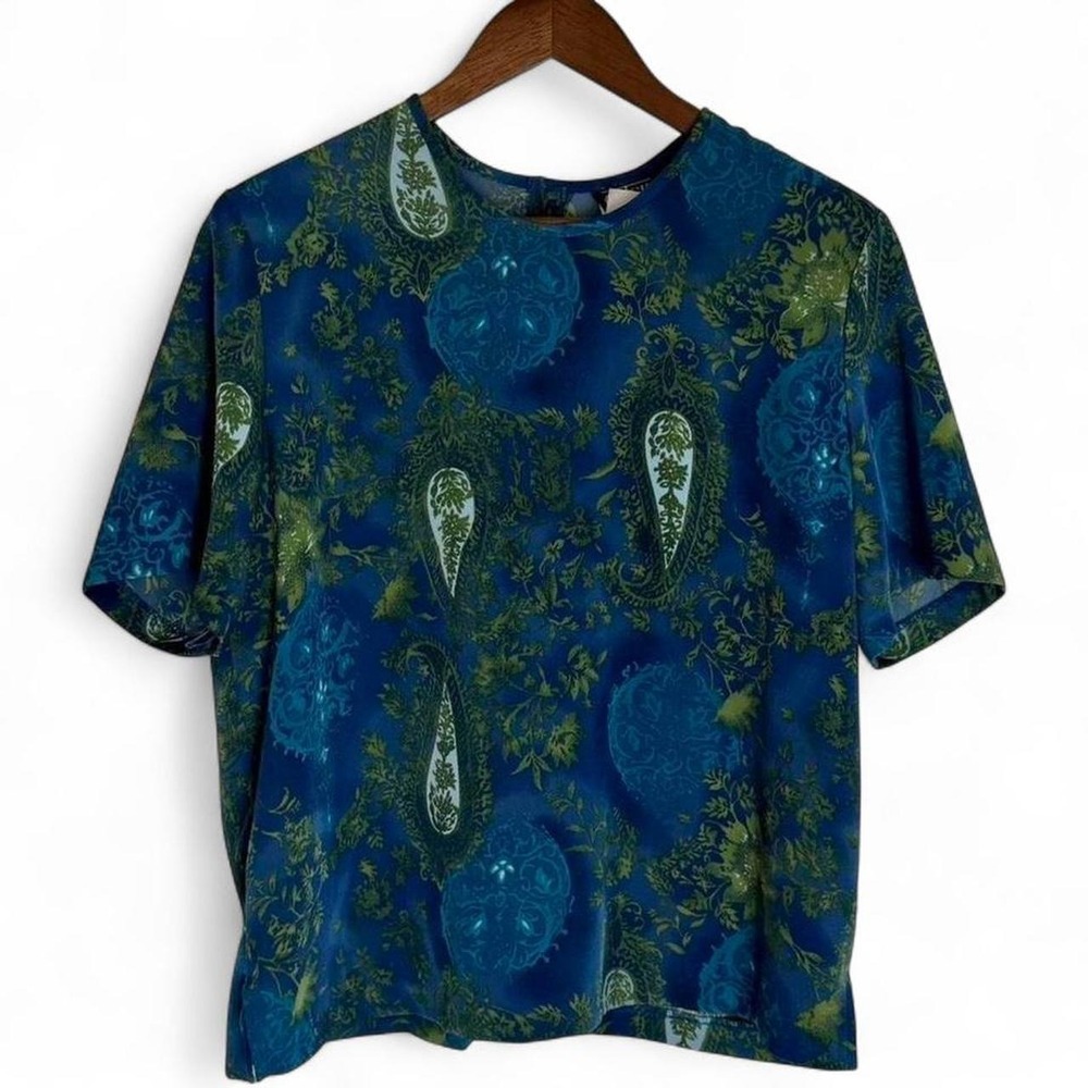 Vintage paisley blouse in rich teal and blue tones Large